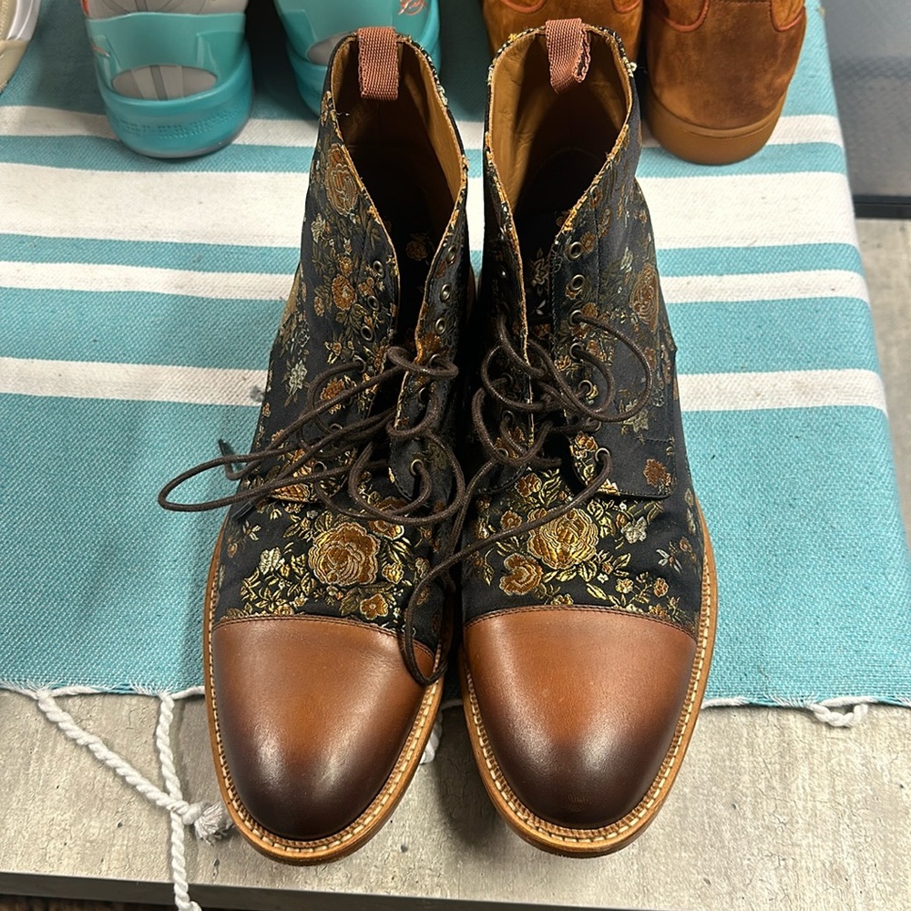 TAFT Mens The Jack Handmade Boot Sz 12/45 Brown Leather Black Gold Floral Combat